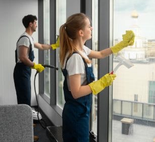limpieza de ventanas de una oficina después de reforma